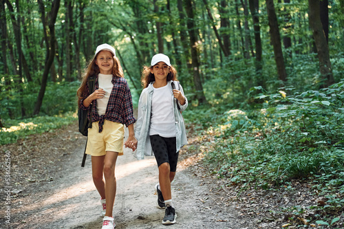 Walking forward. Two girls is in the forest having a leisure activity, discovering new places