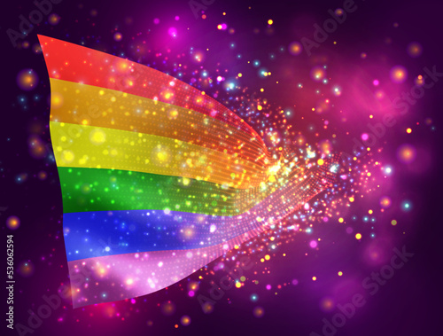 Rainbow, vector 3d flag on pink purple background with lighting and flares