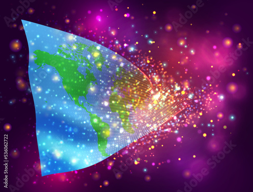 World map, on vector 3d flag on pink purple background with lighting and flares
