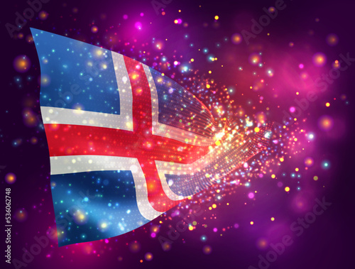 Iceland, vector 3d flag on pink purple background with lighting and flares