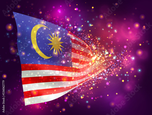 Malaysia, vector 3d flag on pink purple background with lighting and flares