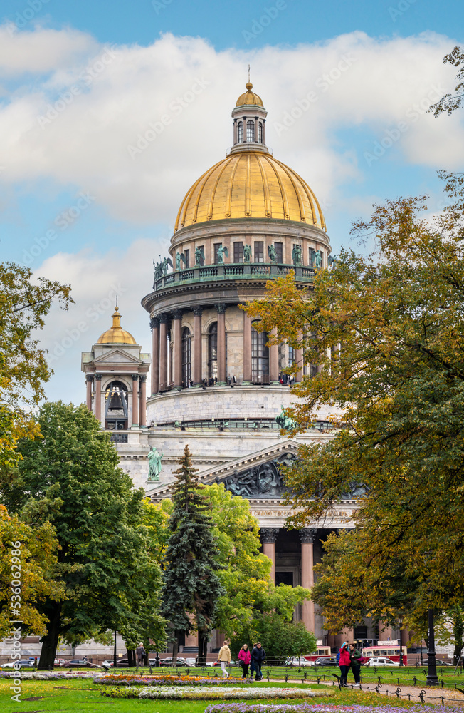 St. Petersburg, Russia - September 2022: Autumn Saint Petersburg. Sights of Russia. St. Isaac's Cathedral in autumn. Guide to Saint Petersburg. Traveling Russia