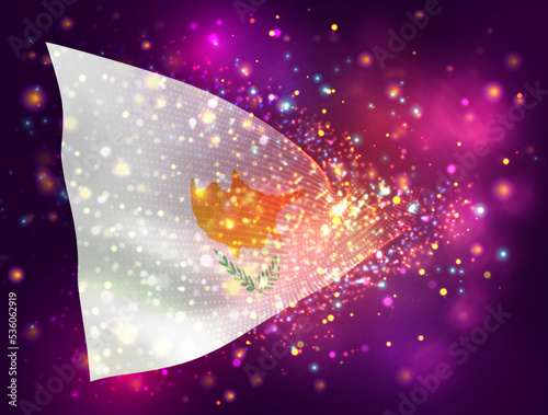 Cyprus, vector 3d flag on pink purple background with lighting and flares
