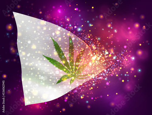 Сannabis, on vector 3d flag on pink purple background with lighting and flares