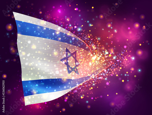 Israel, vector 3d flag on pink purple background with lighting and flares