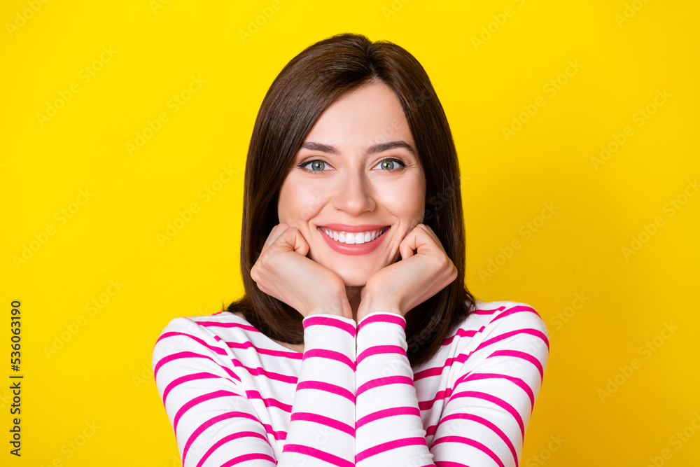 Closeup photo of young attractive positive woman hold hands head showing smile isolated on yellow color background Closeup photo of young attractive positive woman hold hands head showing smile isolated on yellow color background