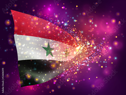 Syria, vector 3d flag on pink purple background with lighting and flares