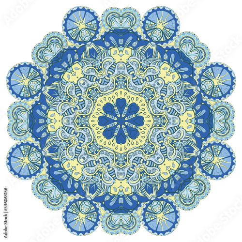 Mandala. Tracery wheel image. Mehndi design. Ethnic doodle art. Curved doodling picture. Vector
