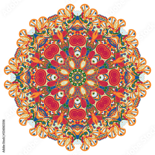 Mandala. Tracery wheel image. Mehndi design. Ethnic doodle art. Curved doodling picture. Vector