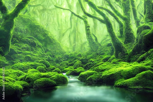 A calm stream in a mossy forest. Northern mossy forest stream. Water in mossy forest. Mossy forest stream landscape