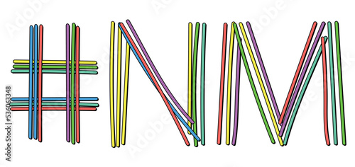 NM Hashtag. Isolate neon doodle lettering text from multi-colored curved neon lines like from a felt-tip pen, pensil. #NM is abbreviation for the US America state New Mexico for banner, social network