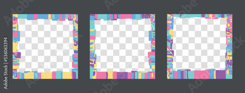 3 in 1 Square frames set 1x1. Abstract, bright colors doodle shapes. Multicolored Abstract frame set for social network, media, story, mobile apps, telephone, greeting card, NFTs.