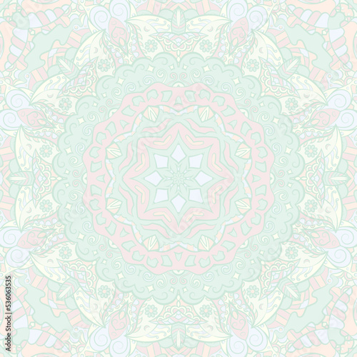 Seamless tile texture. Tracery mehndi design image. Pastel. Ethnic doodle art. Curved doodling picture. Vector