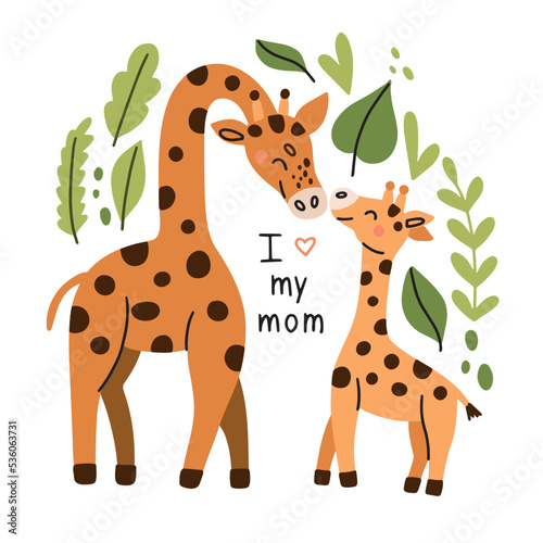 Mother giraffe with baby. Vector illustration isolated on white background for your design