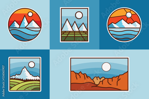 Set Of Monoline Line Art Badge Outdoor Patch Adventure Illustration, Logo, Sticker