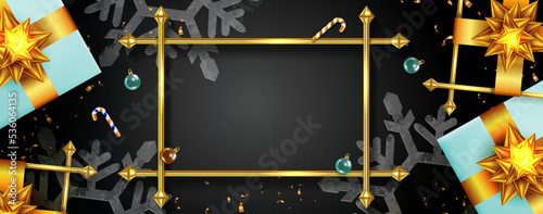 Christmas design with gift boxes, gold glitter frames and bows