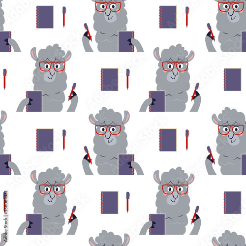 Cute cartoon animals wallpaper. Vector seamless pattern with funny alpaca in glasses planing in notebook. Cute lama writing ideas.