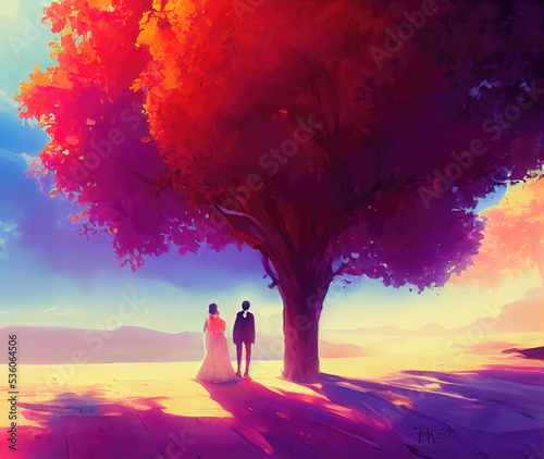 bride and groom under a tree, wedding couple illustration