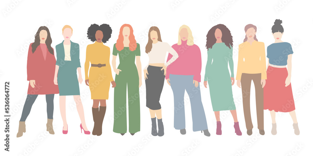 Group of modern women, casual outfit woman silhouette team vectors - obrazy, fototapety, plakaty 