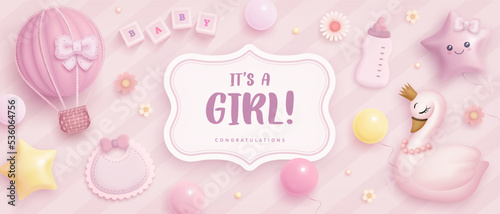 Baby shower horizontal banner or invitation with cartoon hot air balloon, baby bottle, helium balloons, toys and flowers on pink background. It's a girl. Vector illustration