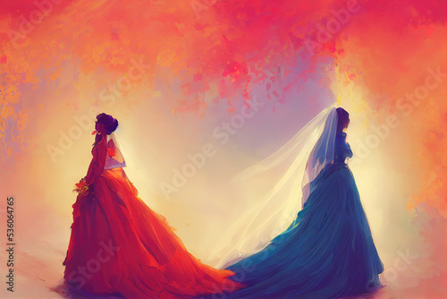 two brides, have to make a decision between left or right, blue or red