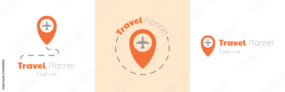 Obraz premium Travel planner logo design set, holiday event planning business symbol, vacation tourism helpdesk emblem concept, tour plan editable commercial logotype, plane location branding, isolated