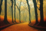 Pathway (natural tunnel) in Veluwe national park, Netherlands. Mighty deciduous beech trees, roots, carpet of golden autumn leaves. Spring forest. Picturesque panoramic scenery. Nature, environment
