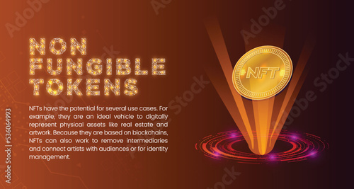 Futuristic NFT non fungible tokens banner concept with gold coin and RGB Light
