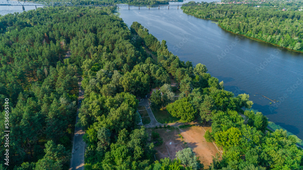 Aerial view summer forest and river in sunny day. Drone shot beautiful nature landscape, green trees