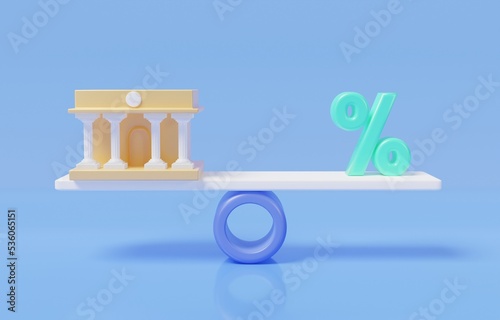 Bank building and percentage sign on seesaw as weighting scales, monetary policy to control inflation, central bank with interest rate controls concept, 3d render illustration.