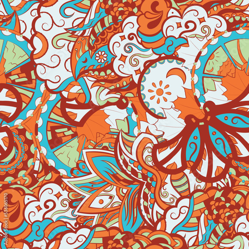 Tracery seamless pattern. Mehndi design. 6 colors. Ethnic doodle texture. Curved doodling background. Vector