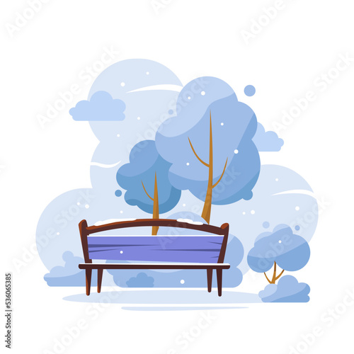 A bench in the park in winter. Flat illustration