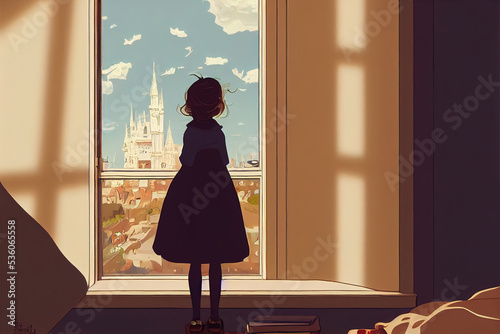 young lonely girl watching out the window, daydreaming photo