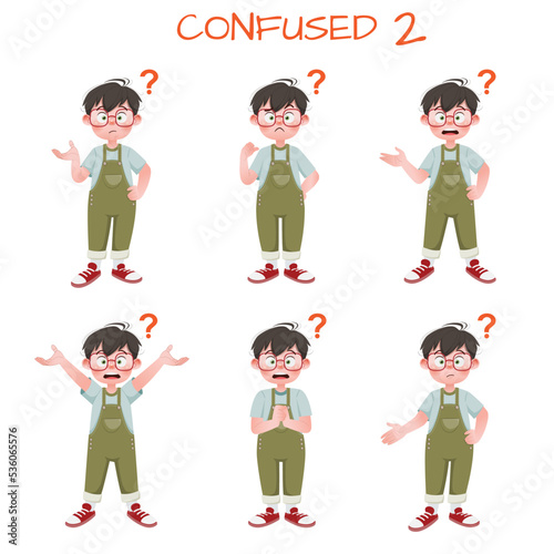 Set of kid boys showing confused expression.Vector illustration.