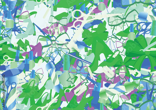 Background pattern abstract seamless design texture. Theme is about cosmetology, pumps, nail polish, Barber's pole