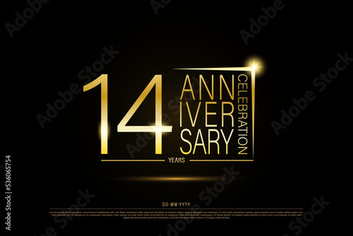 14 years anniversary golden gold logo on black background, vector design for celebration.