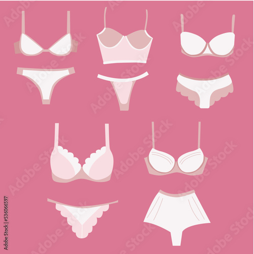 Collection of stylish pink women's lingerie. Set of hand drawings of women's underwear, panties, bras. Trendy female underwear.
