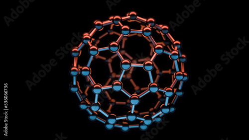 Model of Fullerene Molecule, allotrope of carbon atoms, round sphere with hexagonal rings or mesh, molecular 3D illustration, chemistry or scientific research black background