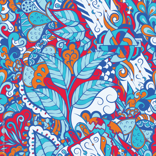 Tracery seamless pattern. Mehndi design. 6 colors. Ethnic doodle texture. Curved doodling background. Vector