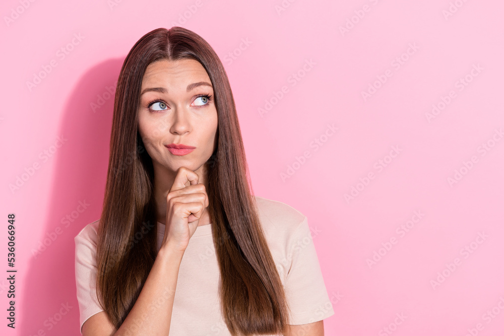 Closeup photo of young adorable funny dreamy smart woman minded look empty space touch chin offer unsure isolated on bright pink color background Closeup photo of young adorable funny dreamy smart woman minded look empty space touch chin offer unsure isolated on bright pink color background