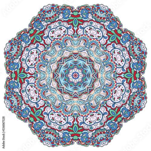 Mandala. Tracery wheel image. Mehndi design. Ethnic doodle art. Curved doodling picture. Vector