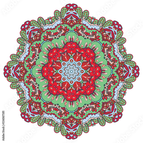 Mandala. Tracery wheel image. Mehndi design. Ethnic doodle art. Curved doodling picture. Vector