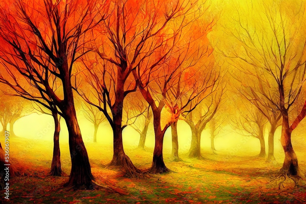 trees with bright colorful leaves deep in the autumn forestoil painting fine art fallen leaves trees park autumn landscape nature