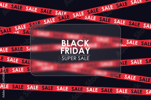 Black friday banner with red crossed ribbons and transparent glass plate with glassmorphism effect. Design for black friday with rectangle glass with text and crossed sale ribbons and stripes. Vector.