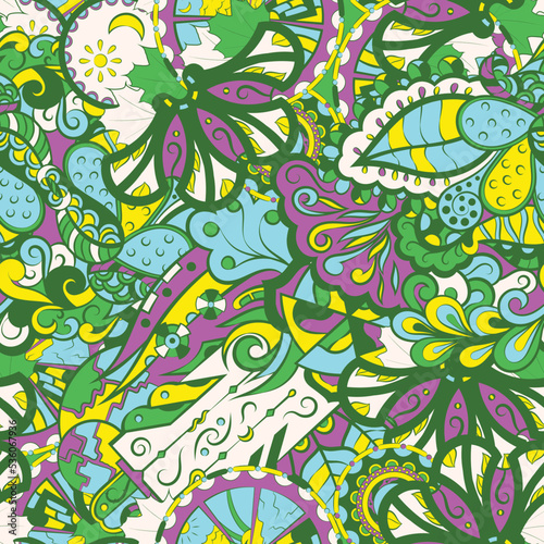 Tracery seamless pattern. Mehndi design. 6 colors. Ethnic doodle texture. Curved doodling background. Vector