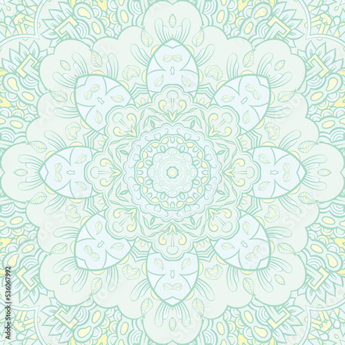 Seamless tile texture. Tracery mehndi design image. Pastel. Ethnic doodle art. Curved doodling picture. Vector