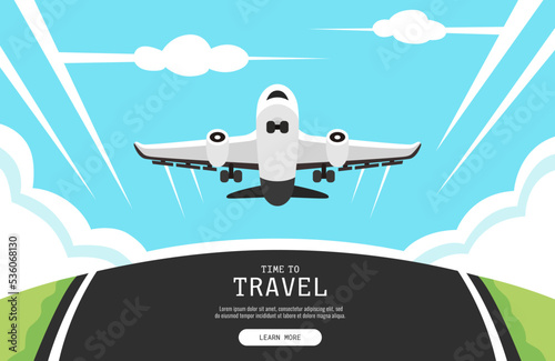 Passenger plane takes off from runway. Time to travel banner. Vector illustration.