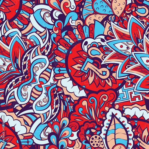 Tracery seamless pattern. Mehndi design. 6 colors. Ethnic doodle texture. Curved doodling background. Vector