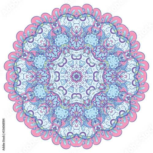 Mandala. Tracery wheel image. Mehndi design. Ethnic doodle art. Curved doodling picture. Vector