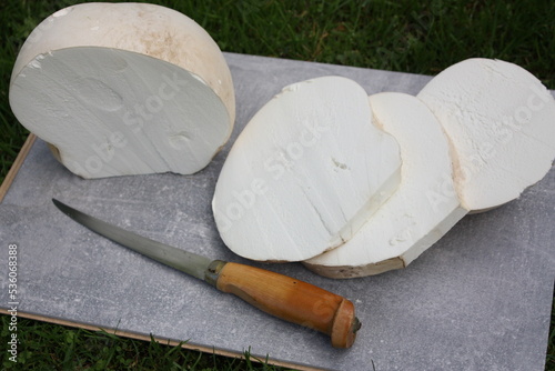 Riesenbovist auf der Wiese, mit Messer und Holzunterlage in Scheiben geschnitten